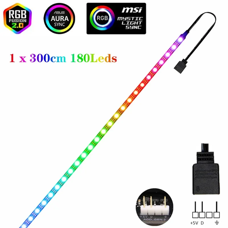 Bande lumineuse LED RGB WS2812B, 5V, 3 broches, adressable, pour ASUS AURA SYNC, MSI Mystic Light Sync, GIGABYTE