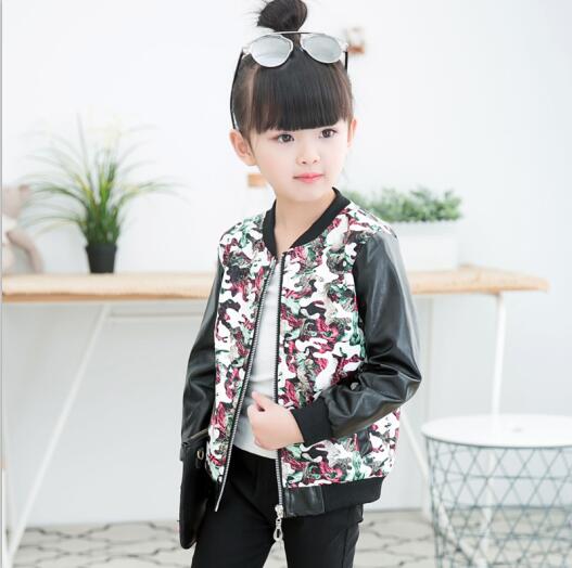 Meisjes Lente Herfst Jas Mode Pu Jassen O-hals Lange Mouw Afdrukken Bloem Camouflage Meisjes Uitloper Meisjes Kleding 3-9: camouflage / 7T