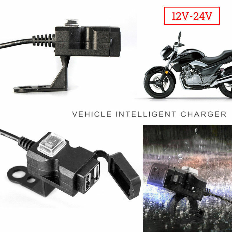 Waterproof Dual USB 12V Motorcycle Handlebar Charger Socket w/ Switch & Mounts