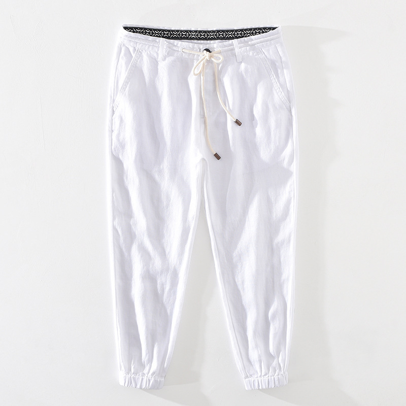 Män & #39 ;s sommar casual ankellånga byxor naturligt rent linne byxor solid vit elastisk midja dragsko man haremsbyxor  y2505: L / Vit