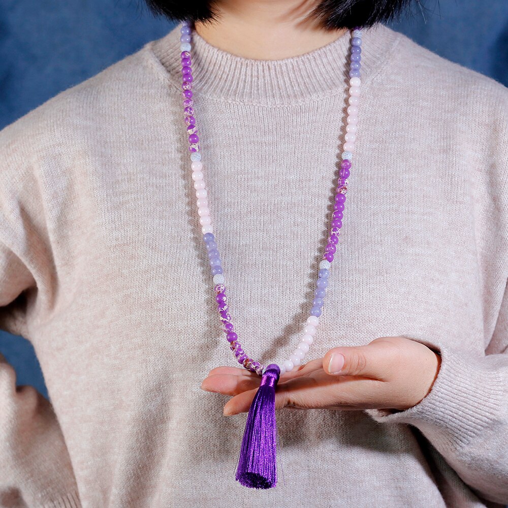 Collar Japamala para mujer, borla púrpura, collar con cuentas, piedra Imperial, meditación, Yoga, fuente disponible, joyería femenina 108