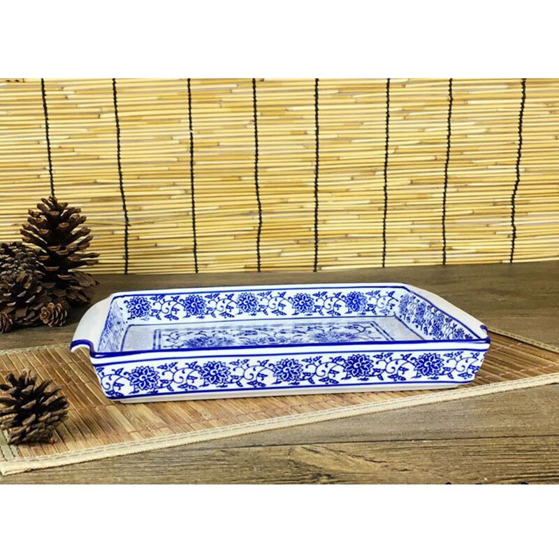 Ceramic tray storage tray rectangular retro blue and white porcelain household tea set wine tray