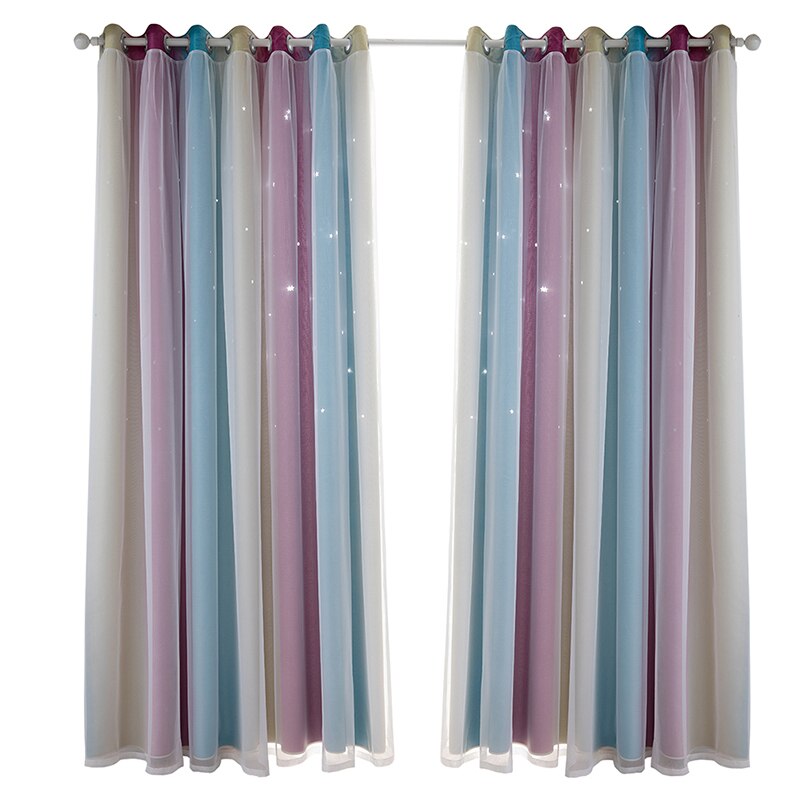 Double Layer Blackout Curtains Star Cutout For Living Room Home Decor White Sheer Window Curtain Panels For Babys Bedroom: Purple