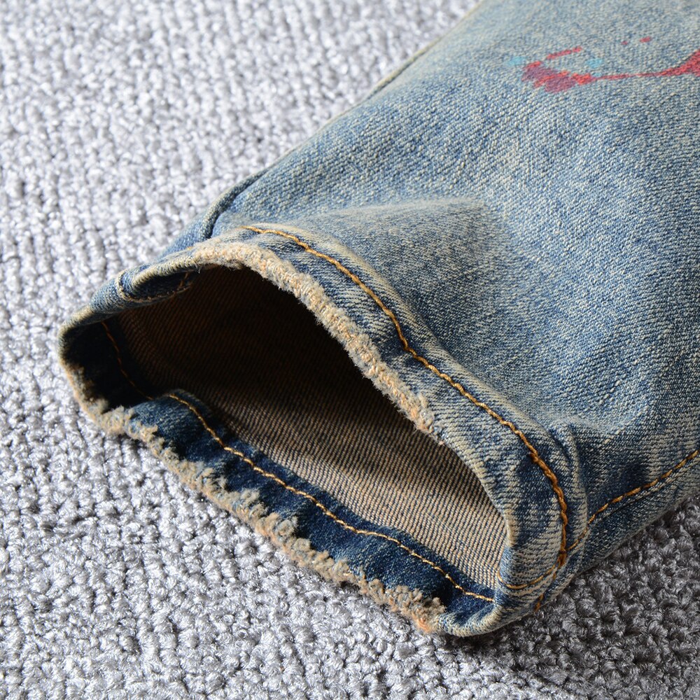 Gaten heren geschilderde gescheurde vintage blauwe distressed stretch denim broek slim fit heren jeans