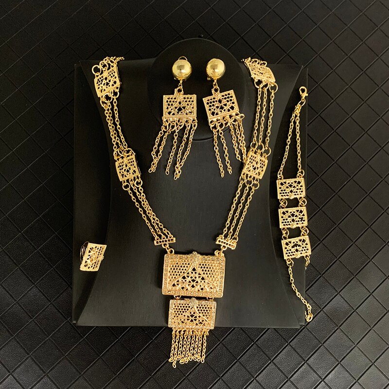 Dubai Saudi Arabia Gold Jewelry Sets for Women Luxury Tassels Bridal Jewelry Sets Geometric Necklace Muslim Sets