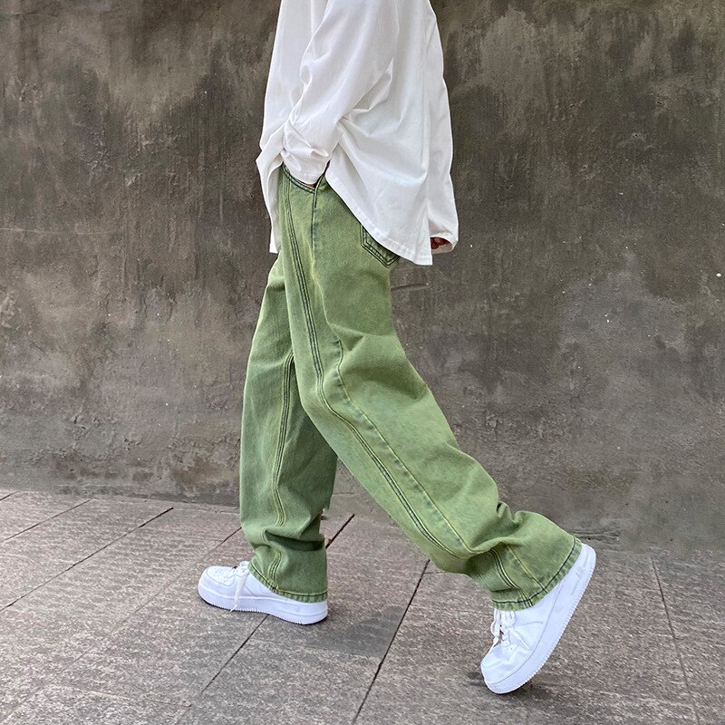 Japanese Men Jeans Purple Green Loose Straight Vintage Casual Streetwear Skateboard Dance Denim Cargo Baggy Pants