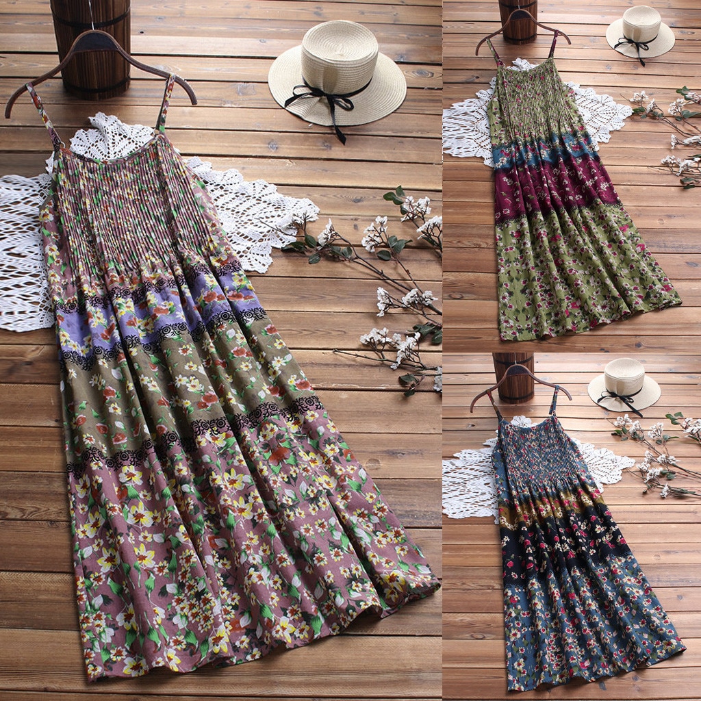 Vestido feminino moda feminina vintage boêmio impressão floral sem mangas o-pescoço correias maxi praia vestidos lagre tamanho solto vestido 39