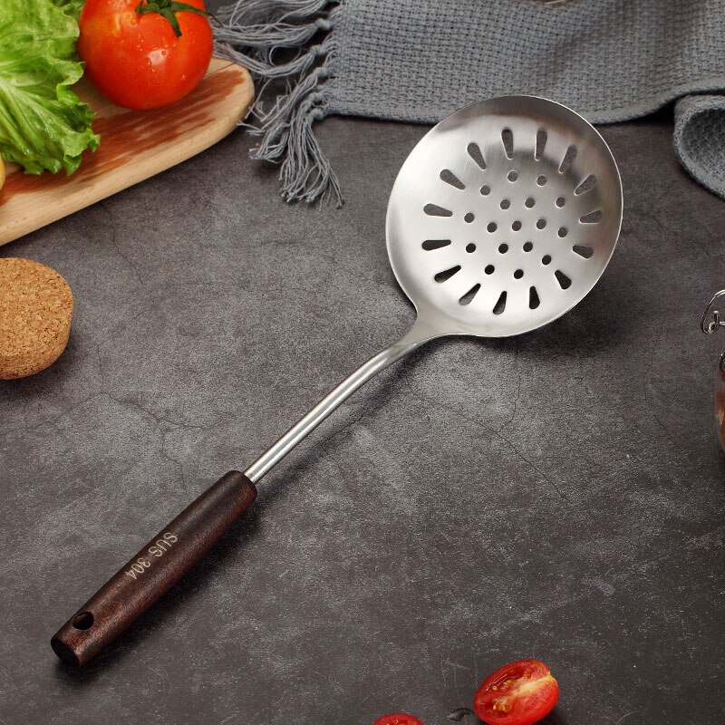 Set De 4 Ustensiles De Cuisine En Acier Inoxydable 304 - Spatule, Louche, Passoire, Écumoire - Manche En Bois