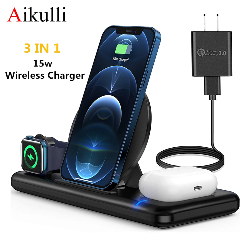 Aikulli Draadloze Oplader 3 In 1 Snelle Wireless Charging Stand Voor Iphone 12 11 Xr Xs X 8 Apple Horloge 6 5 4 3 2 Airpods Pro Lading