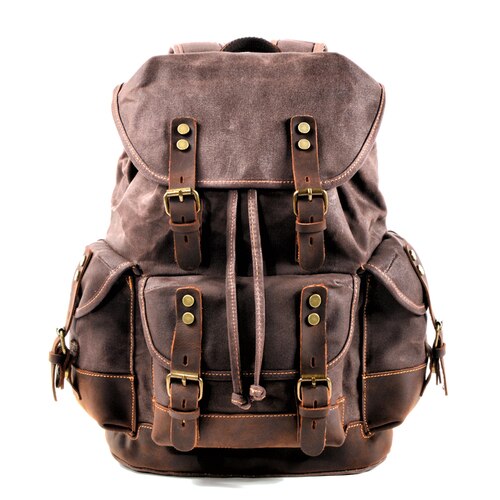 Muchuan Katoen Olie Wax Canvas Rugzak Heren Grote Capaciteit Vintage Waterdichte Rugzak 15 "Laptops Daypacks Klinknagels Boekentas: Dark Brown