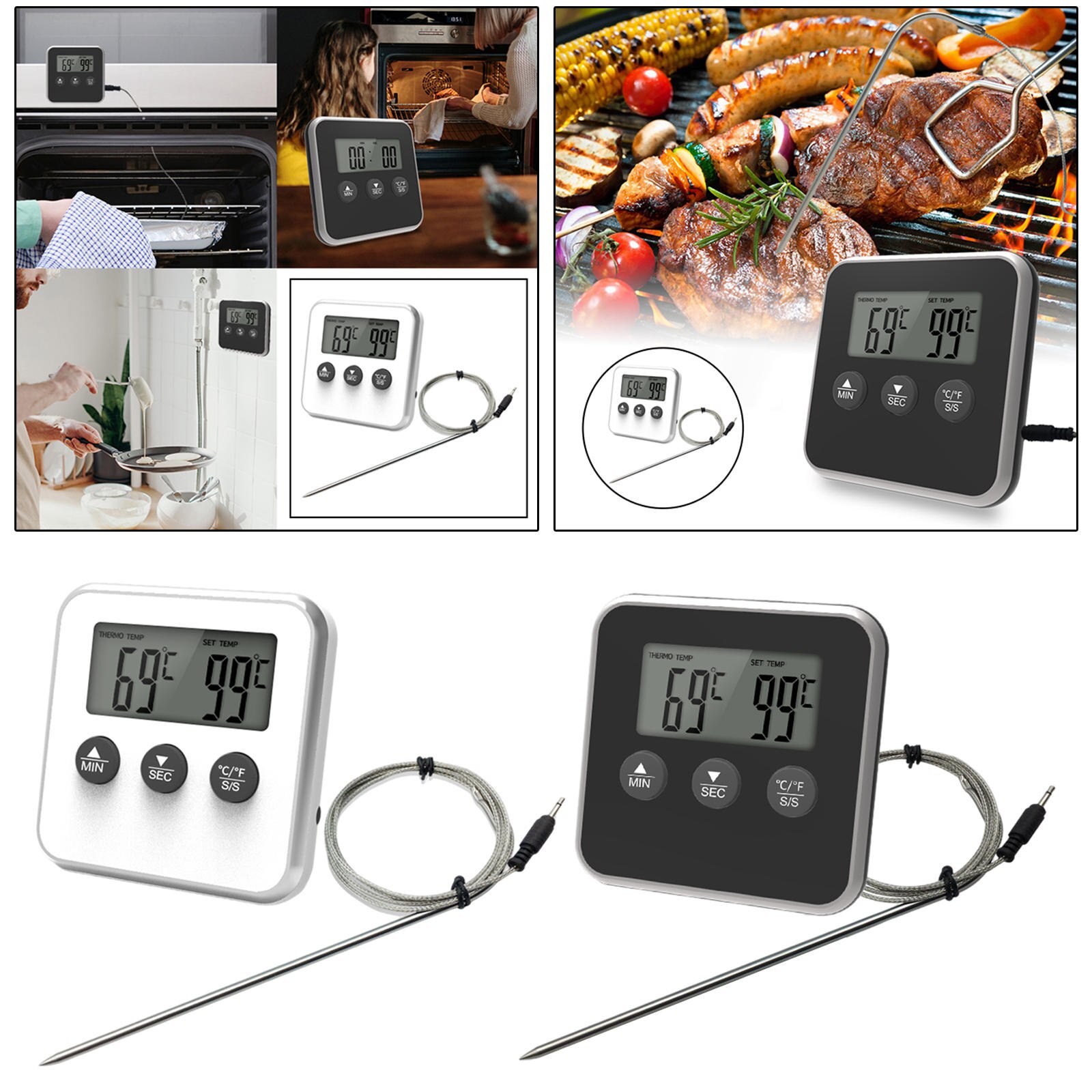 Kitchen Instant Read Meat Thermometer °F/°C Timer Multi-Functional Stainless Steel Probe