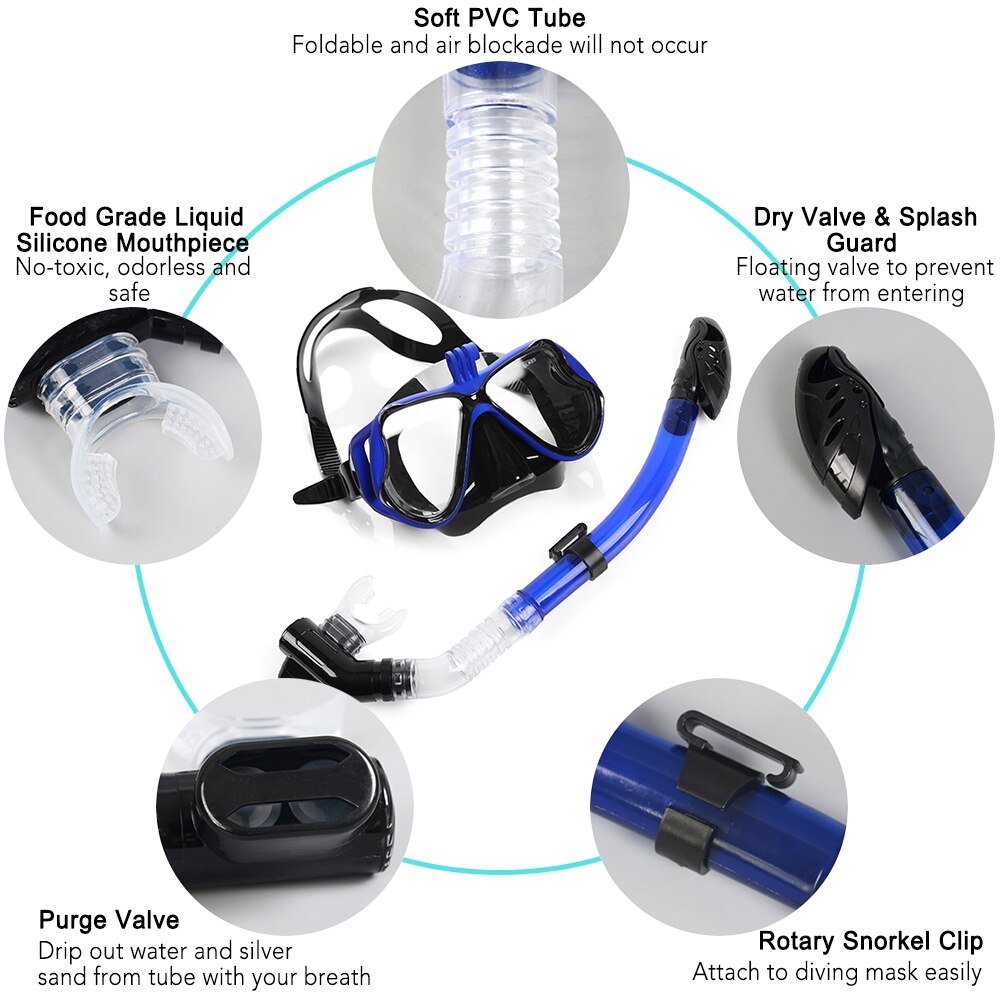 Dry Snorkel Mask Set Snorkeling Gear Foldable Snorkel Goggles Anti Fog Tempered Glass Snorkel Goggles for Swimming Scuba Diving