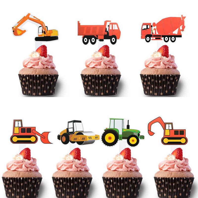 1set Birthday Banner Construction Vehicle Birthday Garland Excavator Concrete Mixer Truck Banner Party Decor Baby Shower: 7pc Cake Topper