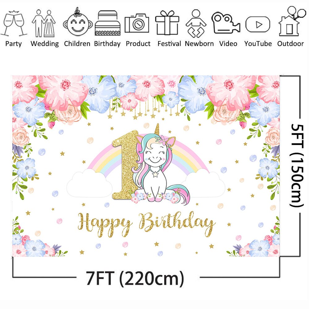 Birthday Photography Backdrop - Unicorn Theme Rainbow Glitter Stars Flower Cake Table Banner