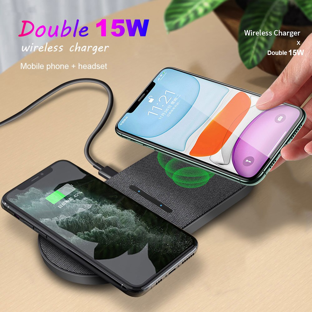 30W Dual Wireless Charger Pad - 2-in-1 Qi Fast Charging for iPhone 12/11/XS/XR/X/8, AirPods Pro, Samsung S20/S10