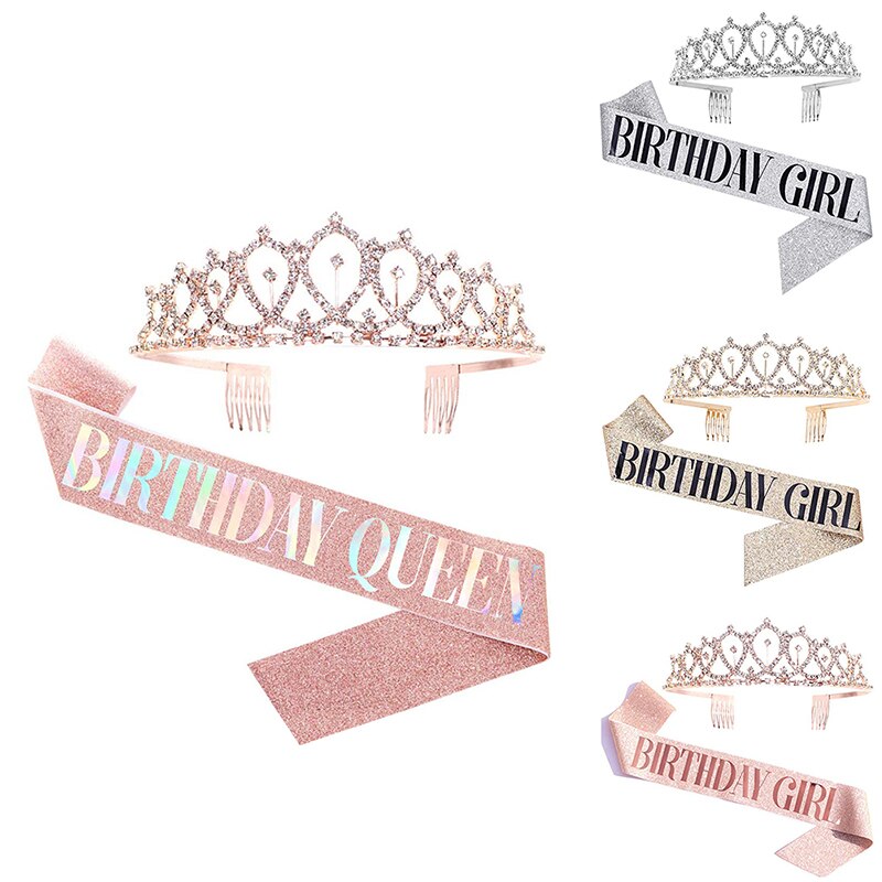 Bling Rhinestone Crystal Crown Tiara Birthday Anniversary Decoration Happy 18 21 30 40 50th Birthday Satin Sash Party Supplies