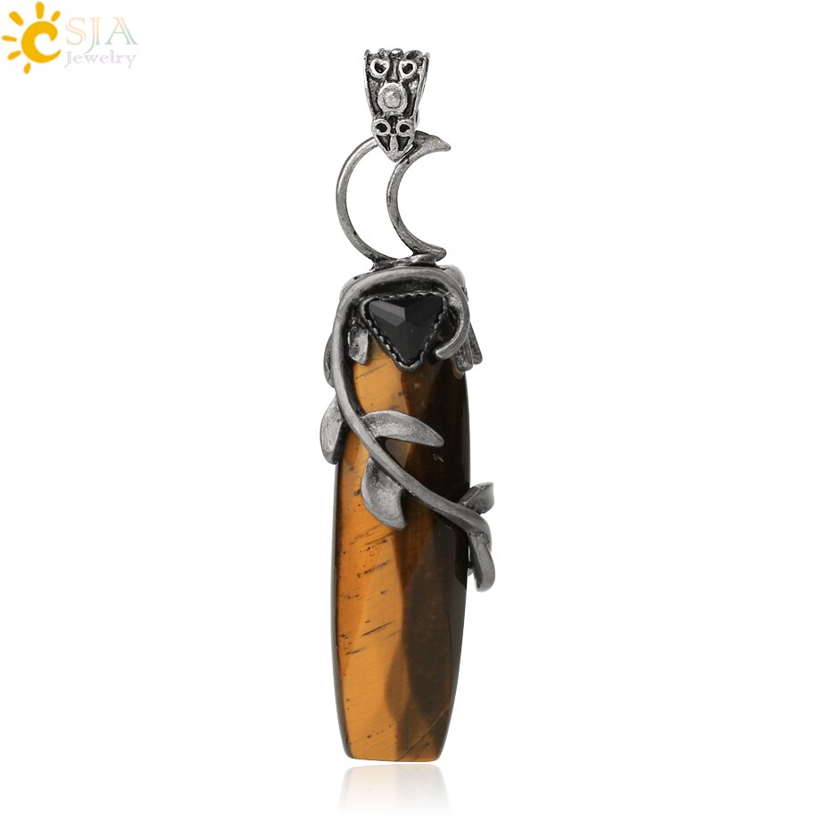 CSJA Antique Silver Color Pendant Necklaces Natural Crystal Stones Leaves Winding Faceted Rectangle Long Pendants Women Men G587: Tiger Eye