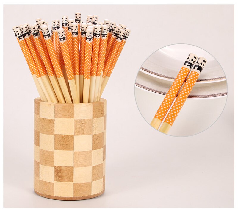 5 pièces/ensemble baguettes en bambou Panda Dot bois cuisine Restaurant cantine vaisselle réutilisable pour riz Sushi boeuf hacher bâtons cuisine: Yellow 5 Pairs
