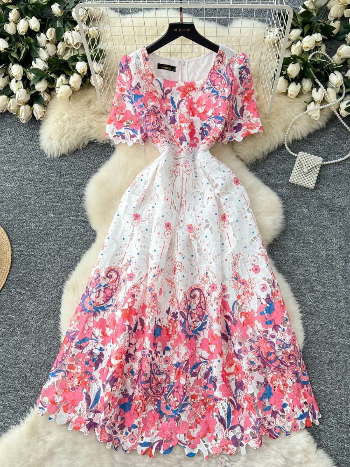 Blomsterbroderi udhulet blonde aftenkjoler kvinder sommer korte ærmer prinsesse retro midi lang festkjole gradient