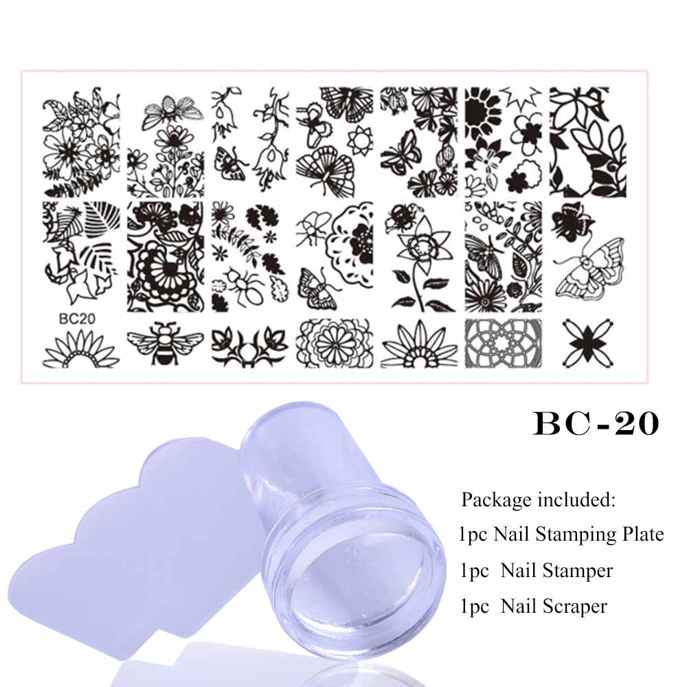 1 sæt blonde stempelplade til nail art blomst 3d overførselstryk stencil stamper skraber manicure stempel værktøj chbc 01-20: Bc20