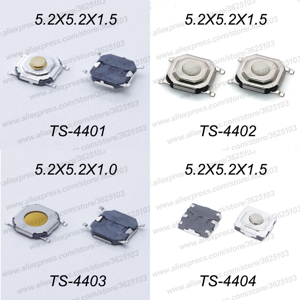50 stks/partij SMD 4*4*1.5mm (5.2*5.2*1.5mm) tactile Tact Push Button Micro Schakelaar Momentary Push Knop Koper Hoofd/Rubber Hoofd etc.