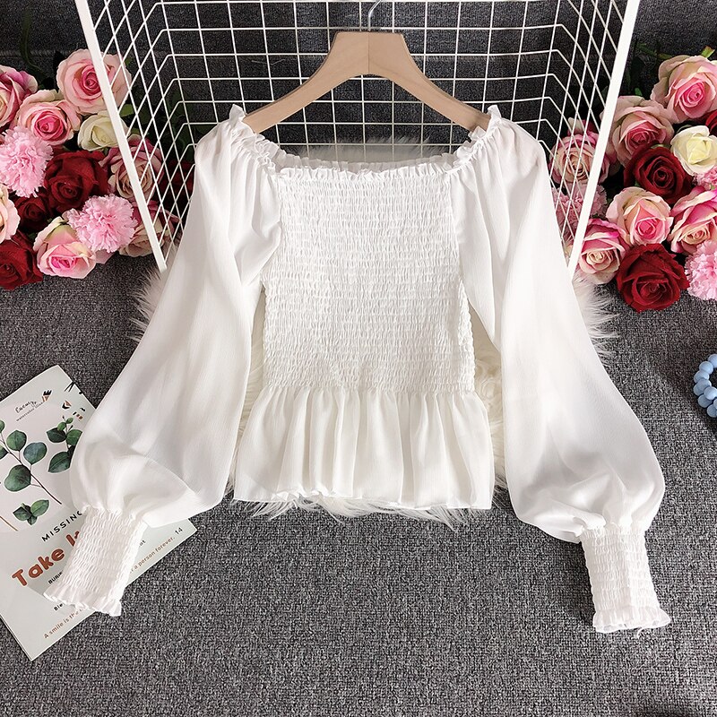 2022 Spring Summer Temperament Womens Tops And Blouses Square Neck Long Sleeve Chiffon Hollow Embroidery Ladies Polo Shirts