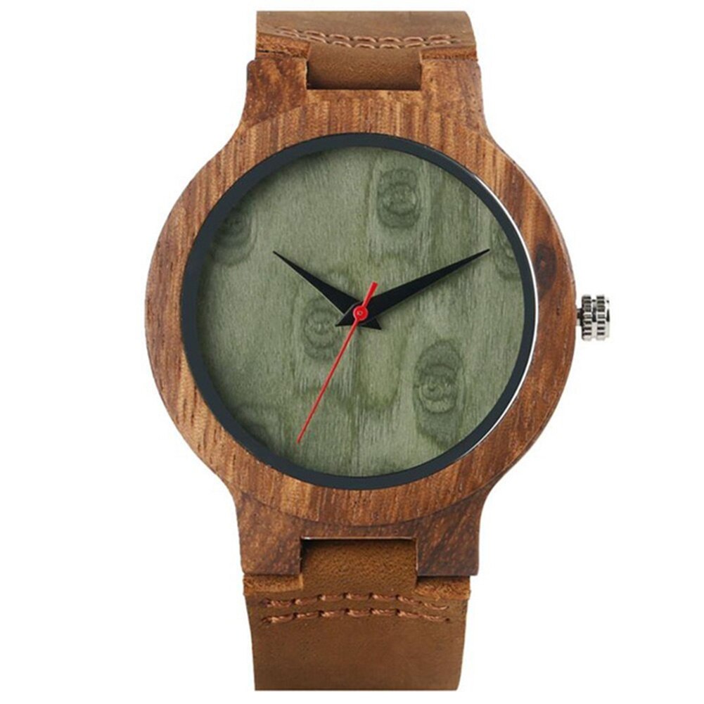 Unisex houten ronde wijzerplaat, kunstleren band, geen nummer, analoog quartz polshorloge, quartz horloges in hout, klok, paarhorloge: Groente