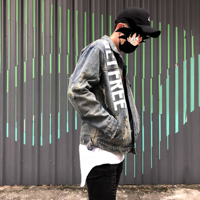 Men's Streetwear Hip Hop Denim Jacket Long Zippers Letter Jeans Jacket Distressed Hole Casual Outwear Cowboy Coats