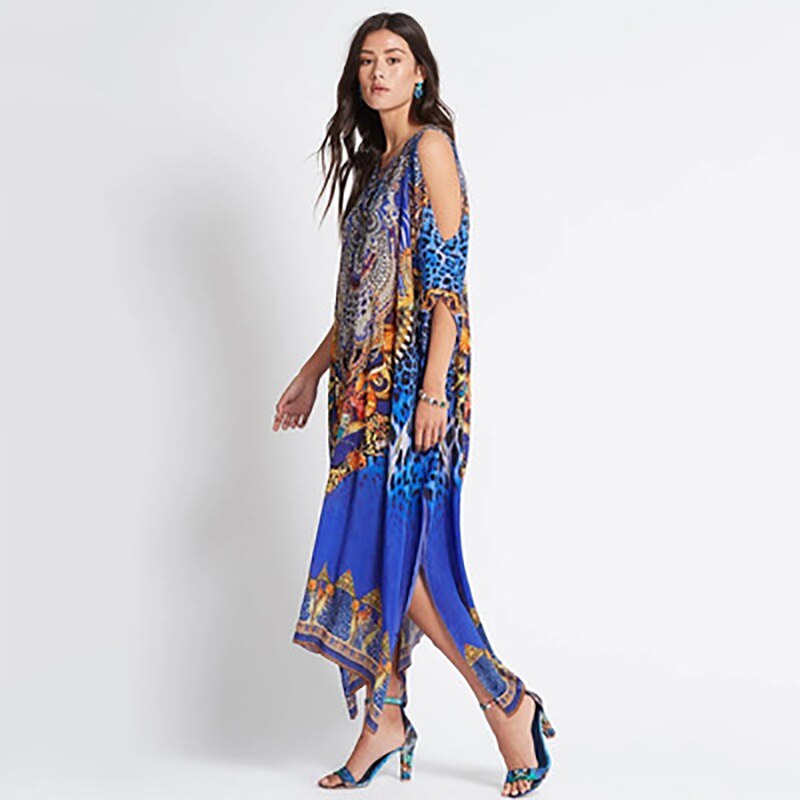 Fitshinling Open Schouder Boho Lange Jurk Print Lace Up Split Sexy Pareos Vintage Maxi Jurken Vrouwen Zomer Gewaad