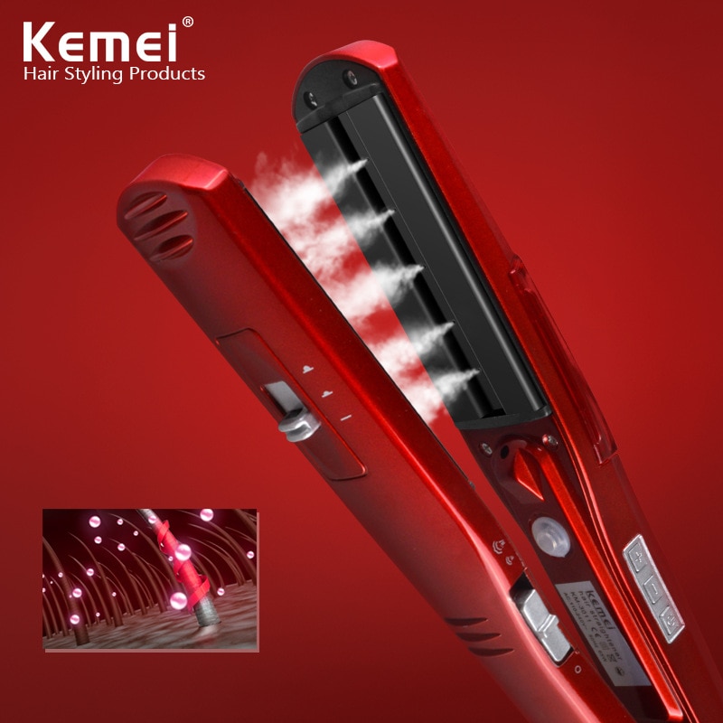 Kemei KM-3011 – fer à lisser en céramique, outil de coiffure hydratant à la vapeur rouge