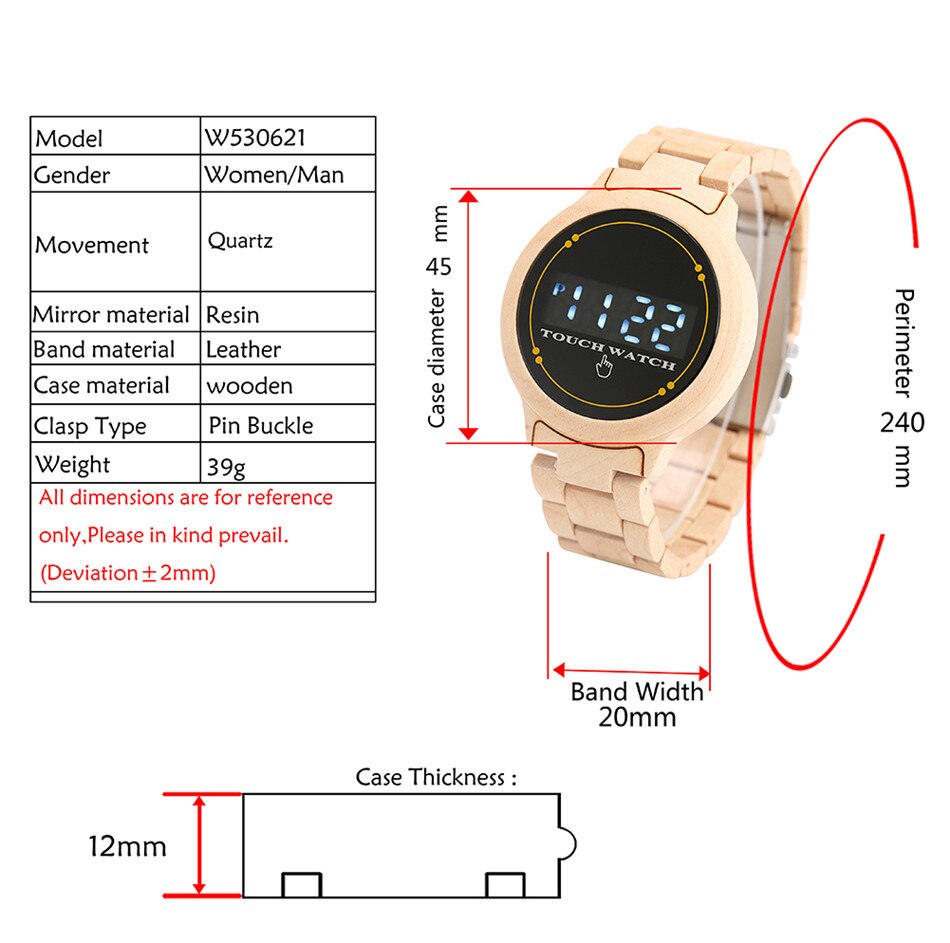 Touchscreen led elektronisch houten horloge heren digitaal houten armband polshorloge vouwsluiting sport casual herenhorloges