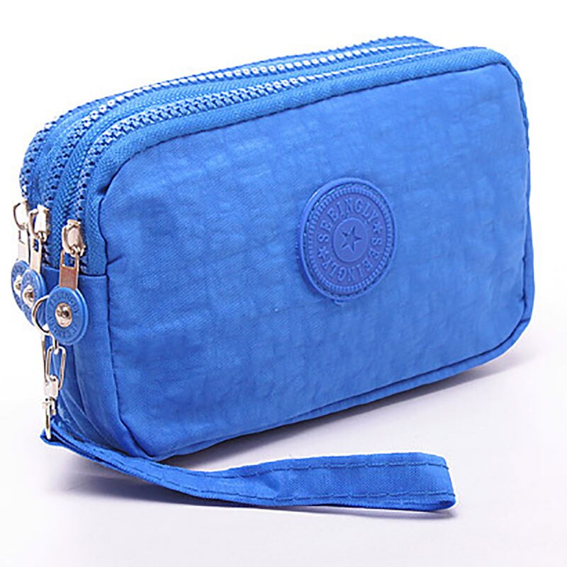 Coin purse ladies mobile phone bag small wallet business card holder multifunctional three zipper mini canvas bag girl: Sky Blue