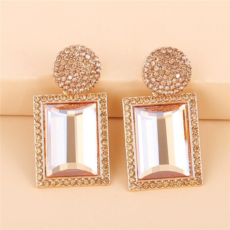 JUJIA Luxury Champagne Crystal Earrings For Women Geometric Shiny Rhinestone Dangle Earring Party Jewelry