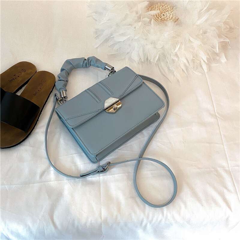 Effen kleur geplooide flip tote tas hoge pu leren dames handtas slot schoudertas messenger bag: Blauw