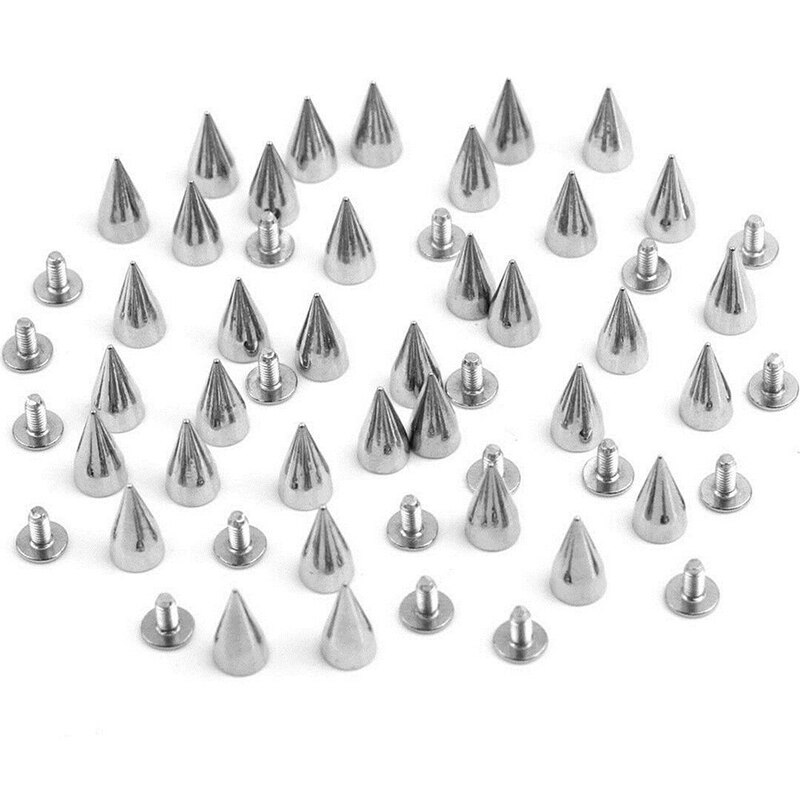 50 Uds. Tachuelas cónicas de Metal plateado de 9,5mm remache de punto de bala tornillo remachado prenda para ropa bolsa zapatos cuero DIY artesanía