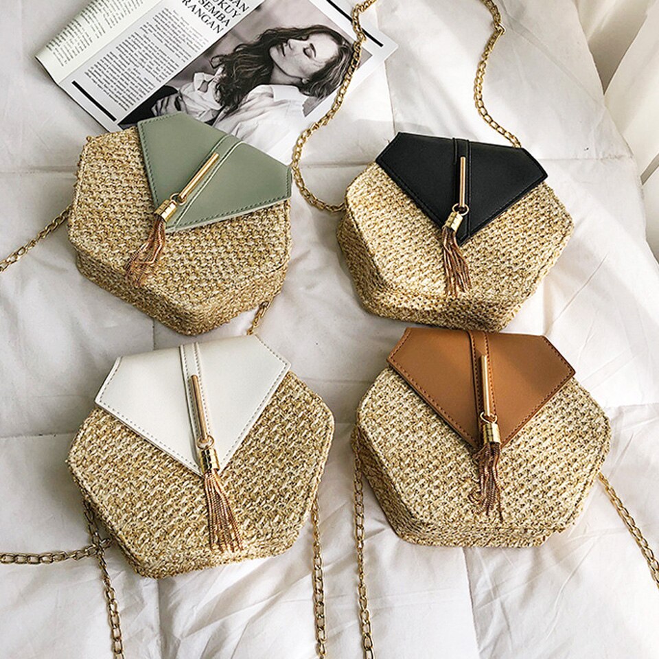 Bandoleras de mimbre estilo bohemio para mujer, bolso cruzado tejido de mimbre hexagonal , bolsos de paja de playa para verano para mujer, bolsos pequeños hechos a mano