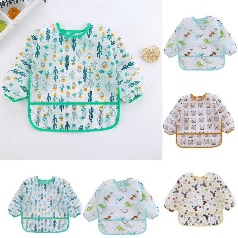 Baby Kids Peuter Lange Mouwen Waterdicht Art Kiel Feeding Bib Leuke Cartoon Dinosaurus Spuugdoekjes Schort Pocket 1-6Y