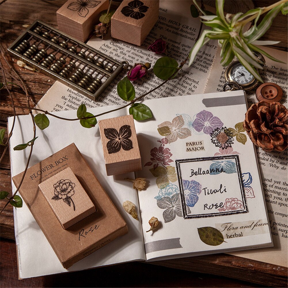 Sellos Vintage de plantas y flores para manualidades, sellos de madera para álbum de recortes, postales, tarjetas de diario, decoración, papelería Kawaii, 1 unidad