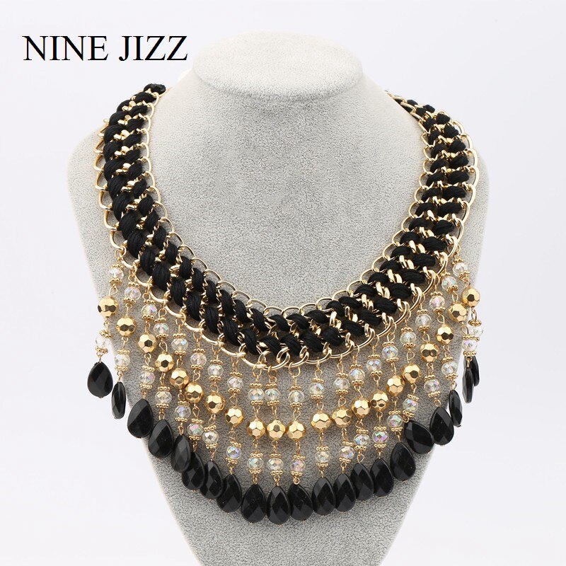 NINEJIZZ Tassel Crystal Necklaces Vintage Bohemian Big Statement Beads Necklaces Chain For Women Simple Style Wedding Jewelry