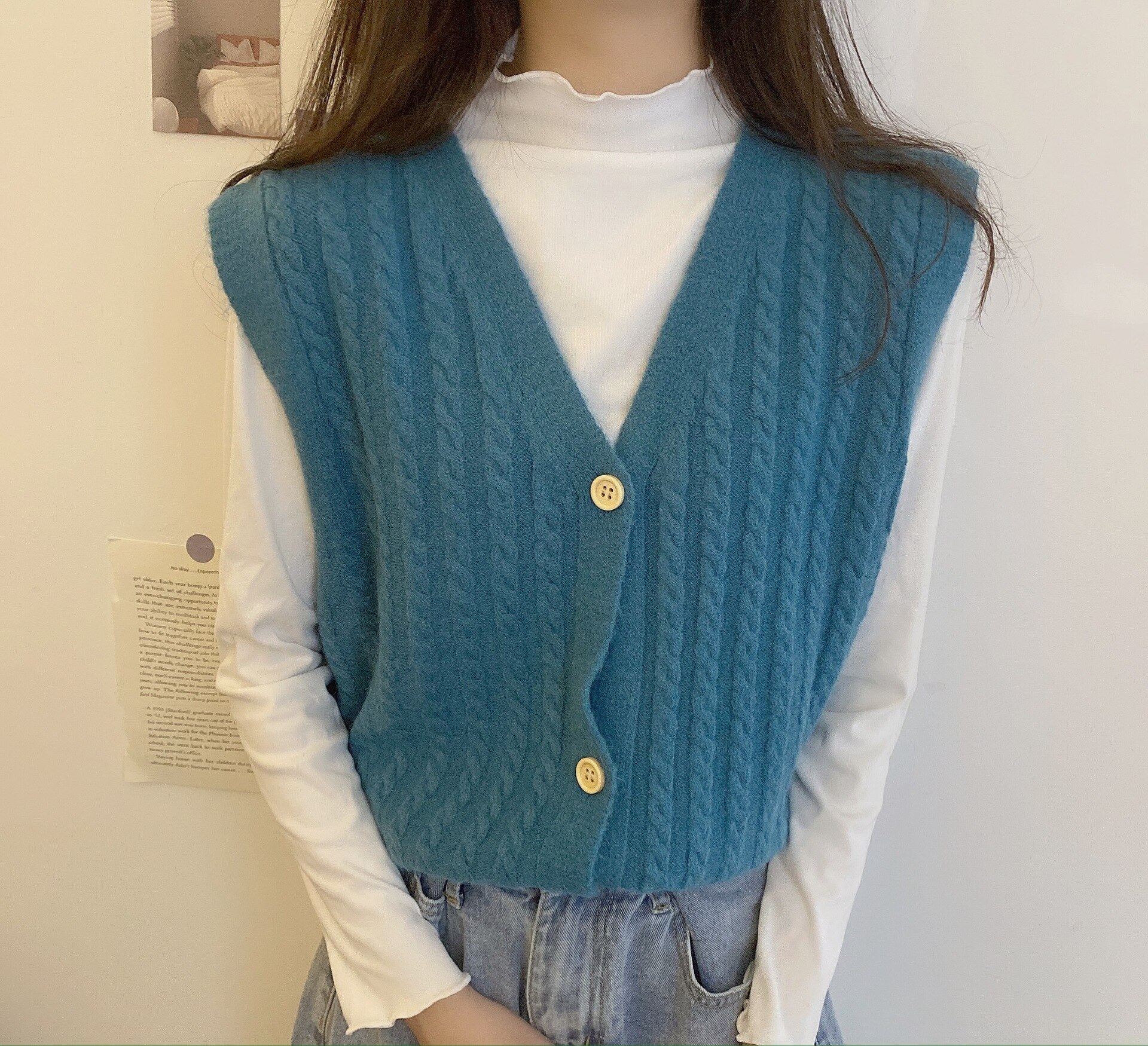 Women's Knitted cardigan vest sweater cardigans for winter clothes women sleeveless sweater female roll collar: Peacock blue vest