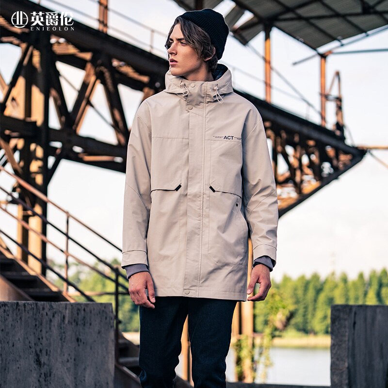 Enjeolon Men Parka Hoodies Jacket Coat Autumn Casual South Korean style Zipper Windbreaker Coat Long Trendy Men's Jackets JK