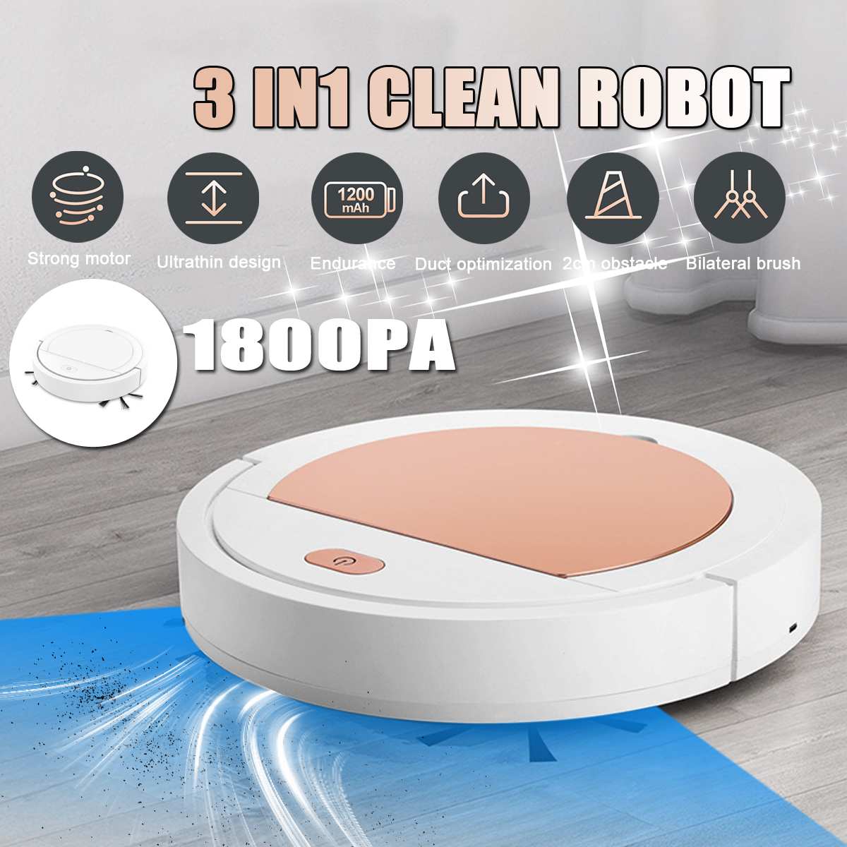 3 en 1 inteligente barredora Robot casa Durable potencia de limpieza de piso Robots aspiradora 1800pa