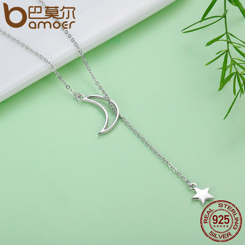 BAMOER Neue 925 Sterling Silber Mond und Sterne Geschichten Kette Verknüpfung Anhänger Halsketten für Frauen Edlen Schmuck SCN108