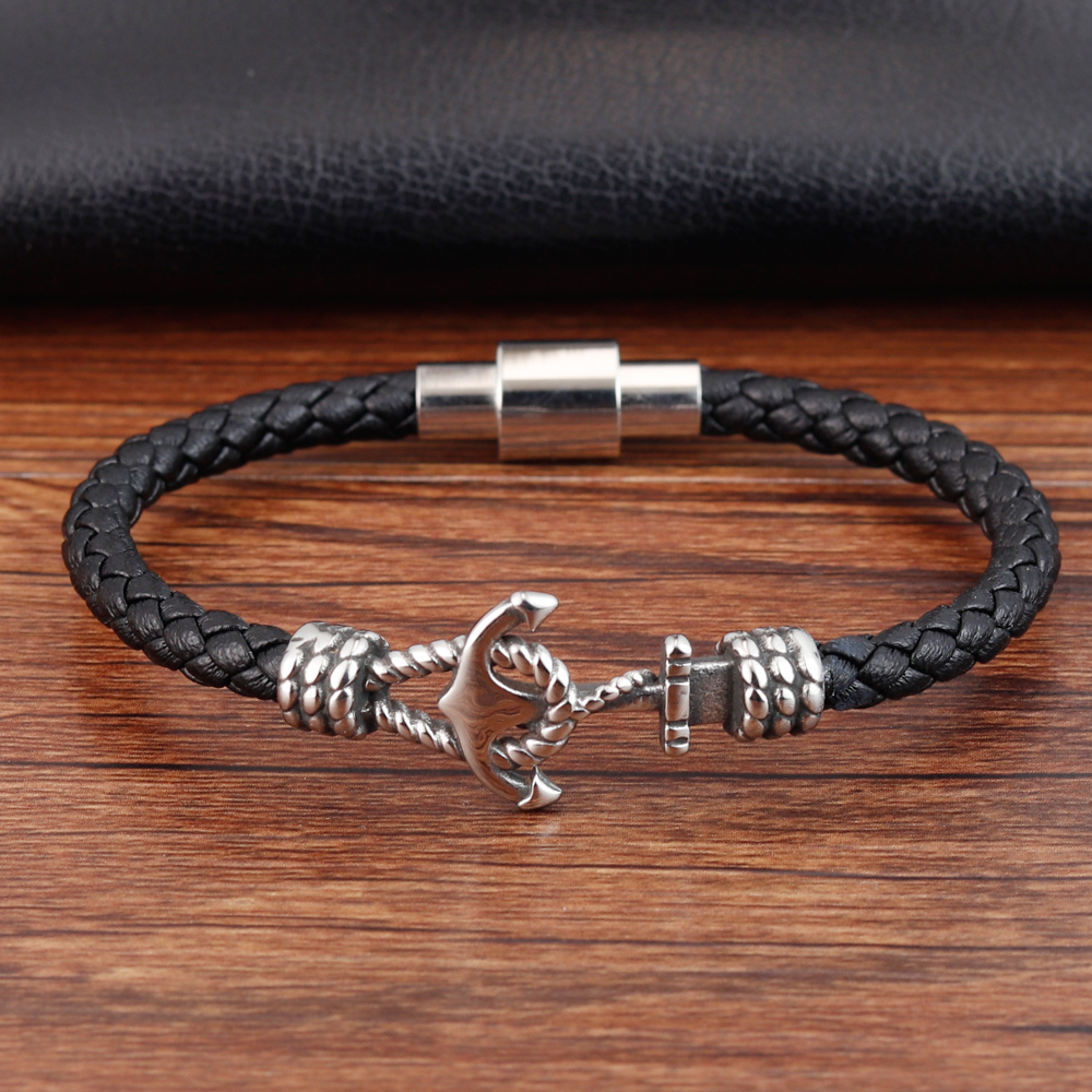 hommes bijoux Bracelet en cuir noir en acier inoxydable magnétique Simple boucle tissage modèle bracelets