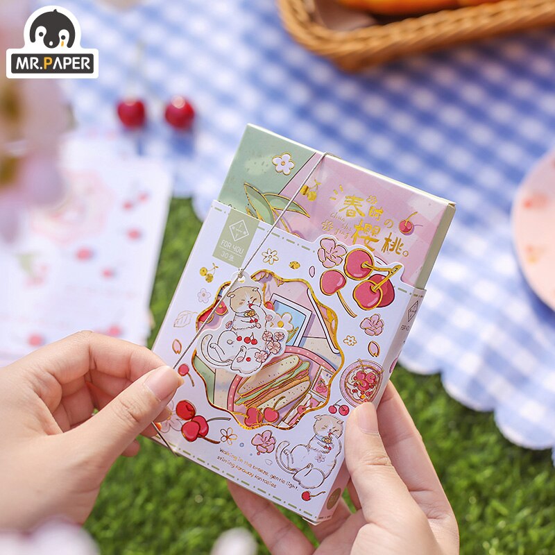 Mr.Paper 30 Pcs/box Cartoon Style Spring Cherry Series Postcards Blessing Writing Greeting Decor Collage Material