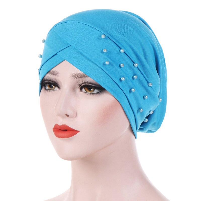 cotton solid folds pearl muslim turban scarf women islamic inner caps Arab wrap head femme musulman turbante mujer: Blue