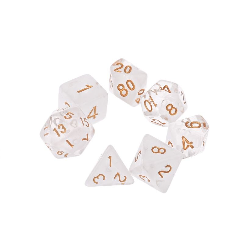 7pcs/set Transparent Sided Dice D4 D6 D8 D10 D12 D20 &amp; Dragon D&amp;D RPG Poly Table Board Games Toy: white