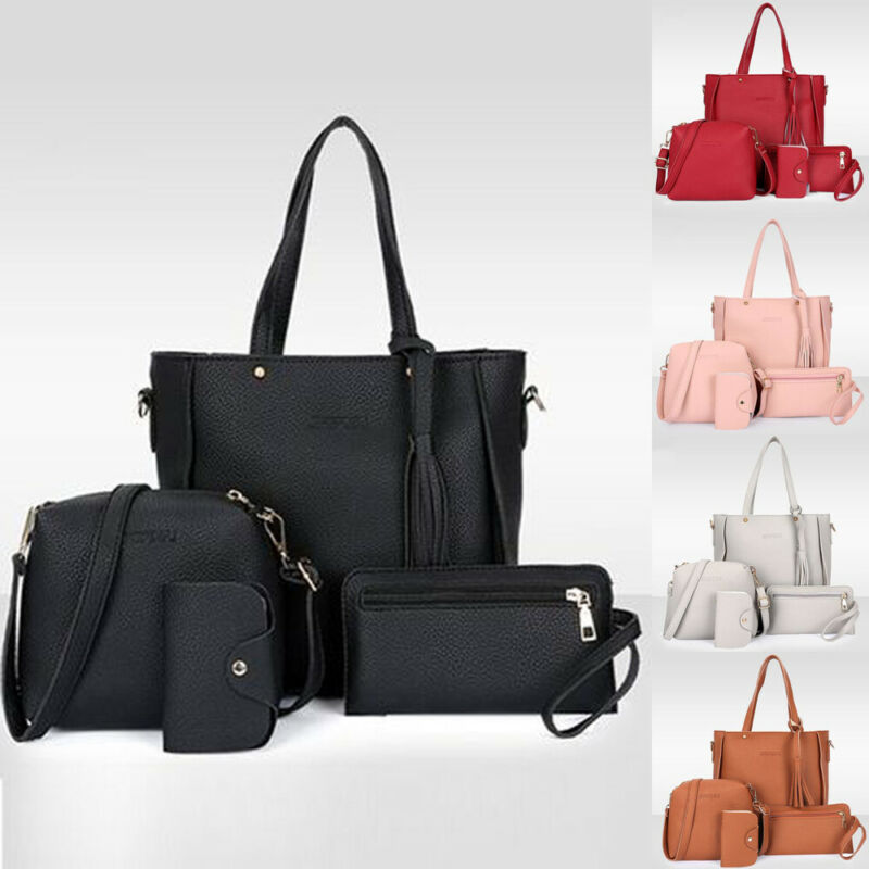 Women Ladies Leather Bags 4Pcs/Sets Handbag Messenger Tote Purse Shoulder Bags Satchel Wallets 4Pcs Solid PU Leather Wallets