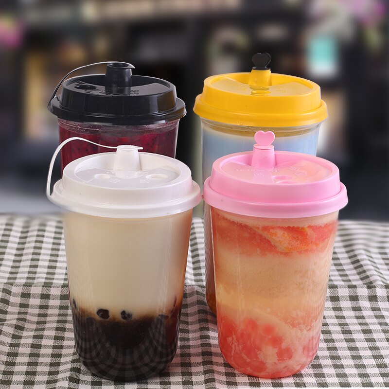 50pcs Disposable plastic cups for drinking 500ml juice coffee takeaway packaging cups with heart stopper lids party favor