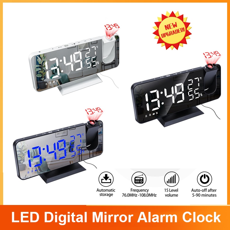 LED Digital Alarm Clock Radio Projection With Temperature And Humidity Sensor Mirror Clock Multifunction Smart Home Alarm Clock